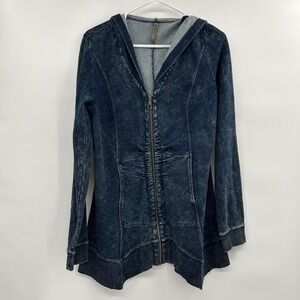XCVI Womens Hooded Zip Up Sweatshirt Jacket Sz S Denim Asymmetrical Grunge